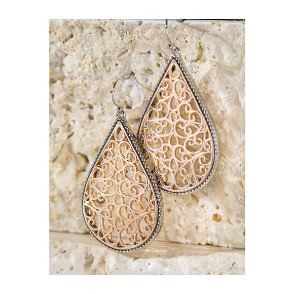 Boutique Two Tone Metallic Silver Rose Gold Filigree Teardrop Dangle Earrings - Picture 1 of 3
